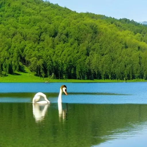 lake View, green, green hill, clear water, lovers sitting on a bench, sunny, happy, real view, landscape, ultra good photo quality, realistic, cinematic, swan on the lake