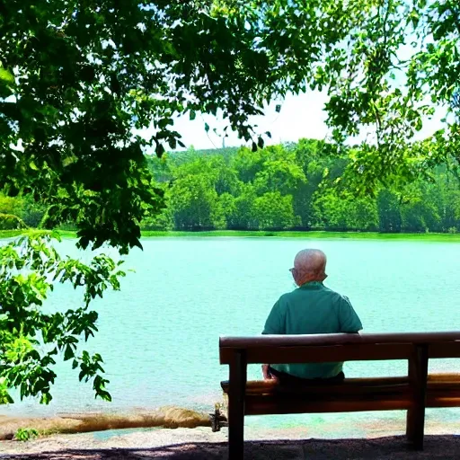 lake View, green, green hill, clear water, old man sitting on a bench, sunny, happy, real view, landscape, ultra good photo quality