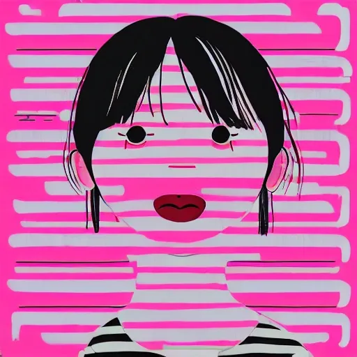 a young girl in a pink and white striped shirt, a character portrait by 蒙娜丽莎, pixabay contest winner, naive art, studio portrait, contest winner, white background, Trippy