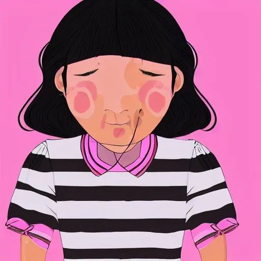 a young girl in a pink and white striped shirt, a character portrait by 蒙娜丽莎, pixabay contest winner, naive art, studio portrait, contest winner, white background, Trippy, Cartoon