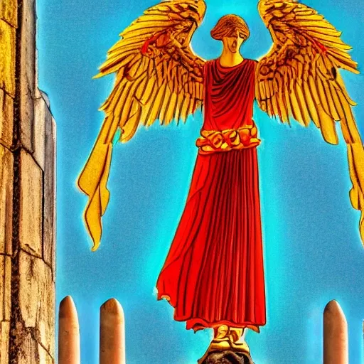 Seraph, Athens temple, sacrifice, bright background, colorful