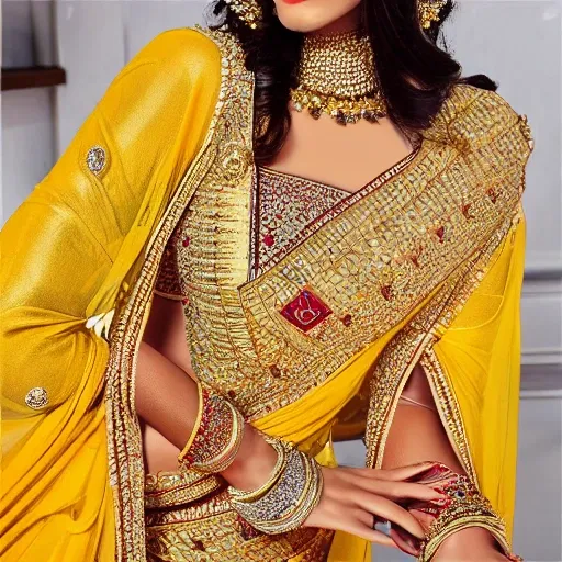 sexy teen, angelic face, barely dressed in yellow saree, full body visible , golden jewelery,, ultra realistic ,feminine , Oil Painting