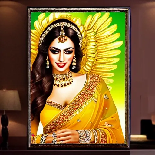 sexy teen, angelic face, barely dressed in yellow saree, full body visible , golden jewelery,, ultra realistic ,feminine , Oil Painting