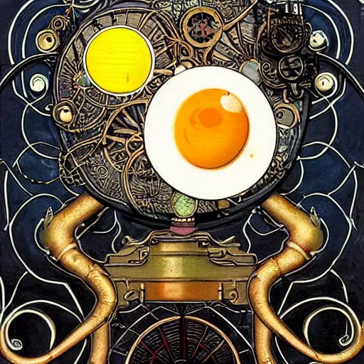 
"Generate an image of fried eggs in Art Nouveau style using oil painting technique and steampunk elements."