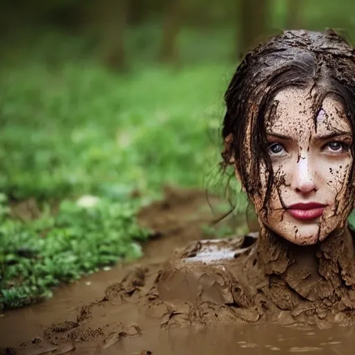 Photo of beautiful woman covered in mud 