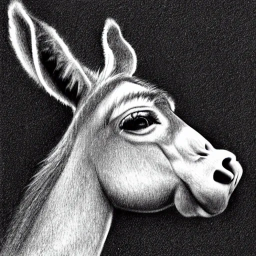 funny donkey looking straight ahead pencil drawing in black with white background

