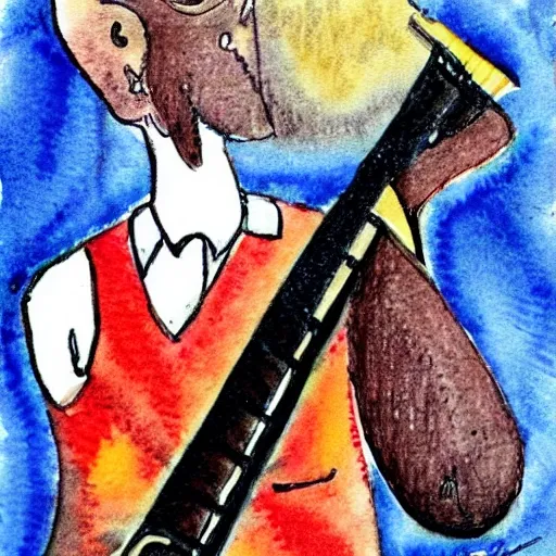 black mid hair latin brunette trombone, Water Color, Cartoon