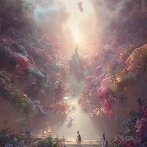 by wlop and Mandy Jurgens, Spagettification of human Intricate, Elegant, Scenic, Hyper-Realistic, 8k resolution, maximalist intricate, sci-fi, 3d render, pastel color ethereal mythical fantasy;