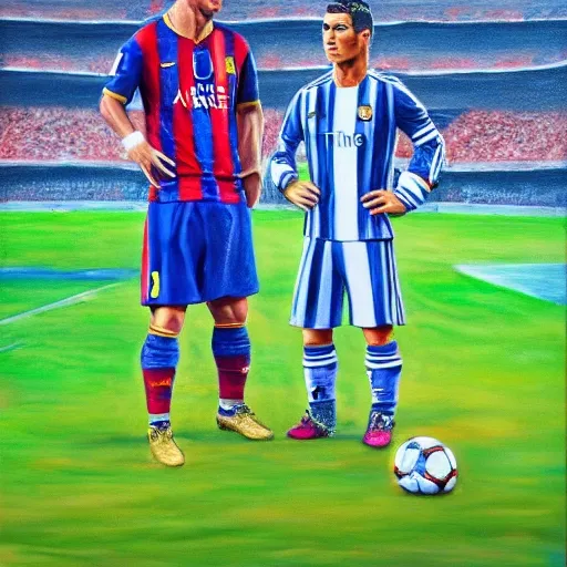 Cr7vsMessi photorealist 4k, Oil Painting,robot