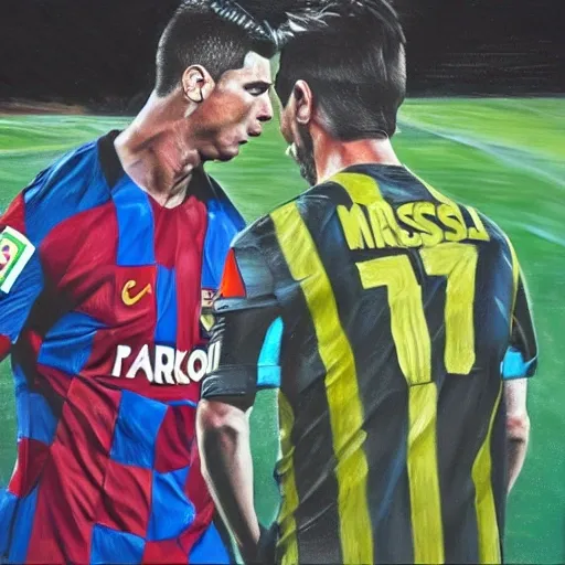 Cr7vsMessi photorealist 4k, Oil Painting,robot