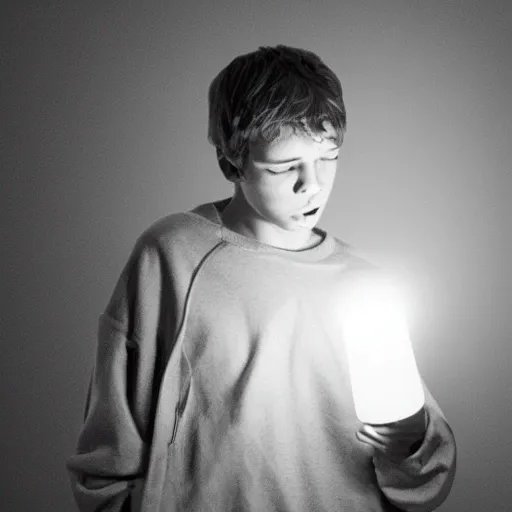 A scared teenage male huddled in a corner of a room, holding a stabbing weapon. The teenager appears to be huddled up, shaking and sweating. The room is dark and barely lit by the dim light from a small lamp on a nearby table. A small window can be seen on the opposite wall showing the night outside. The teenager appears to be trying to defend himself from something or someone that terrifies him while holding a dull gray blanket. Generate the image in high resolution and make sure it is detailed and realistic