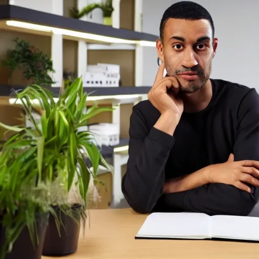 render of mixed raced lightskin black man with pointy chin, small ear, squinty almond shaped eyes, high cheekbone, black curly hair, sitting at a desk in a modern office with soft warm lighting and plants and bookcase in the background in the style  of Pixar character