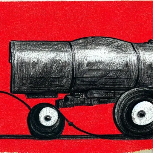 drawing of a steamroller passing over people, terrifying image, fine lines, communism about being, red, black, blue and gold colors