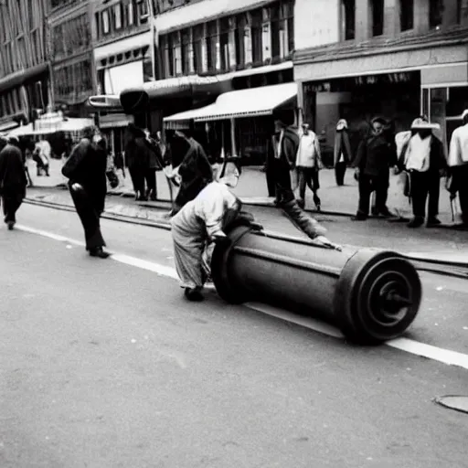 steamroller passing over the people in the street, screams and despair
