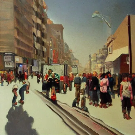 real image, steamroller passing over the people in the street, screams and despair
, Oil Painting