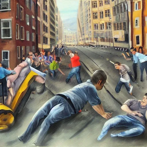 a real image, accident, steamroller running over people on the street, the scene is terrifying screams and despair, Oil Painting