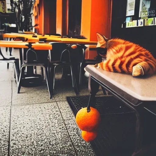 a lazy orange cat lying on the table in front of a coffee shop