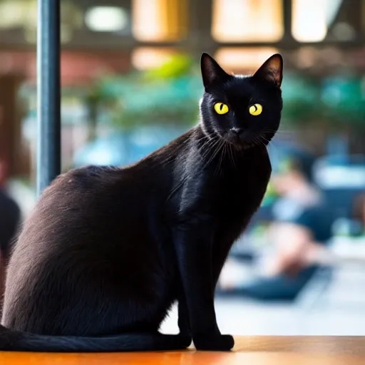 a lazy black cat sitting on the table in front of a coffee shop, high resolution