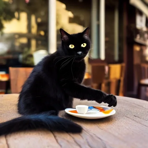 black cat drinking coffee sitting on the table in front of a coffee shop, high resolution

