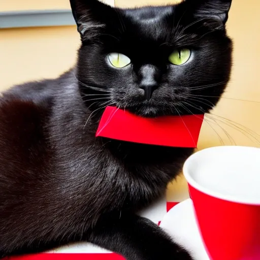 a lazy black cat with a red ribbon sitting on the table in front of a coffee shop, highest resolution possible, high resolution