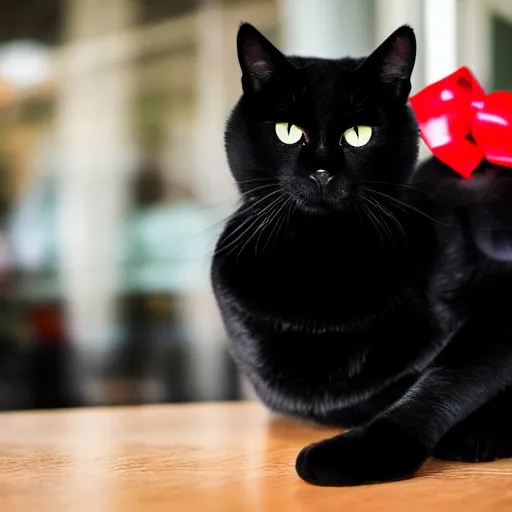 a lazy black cat with a red ribbon sitting on the table in front of a coffee shop, highest resolution possible, high resolution