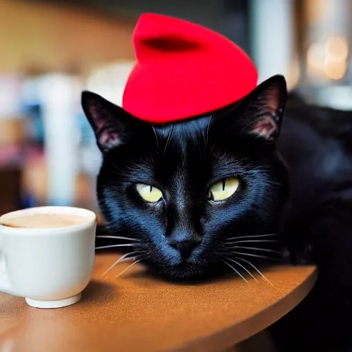 a lazy black cat with a red hat sitting on the table in front of a coffee shop, highest resolution possible, high resolution