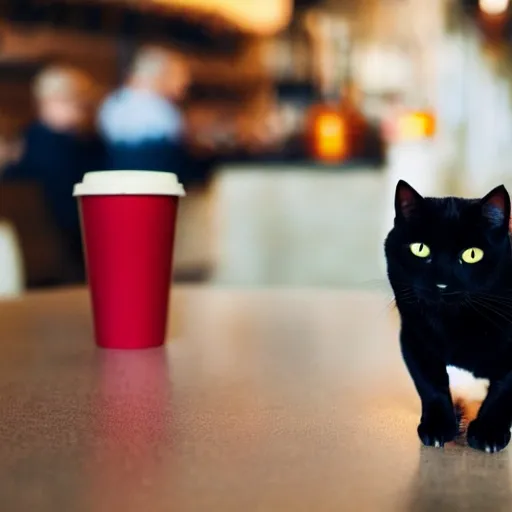 a lazy black cat with a red hat sitting on the table in front of a coffee shop, highest resolution possible, high resolution