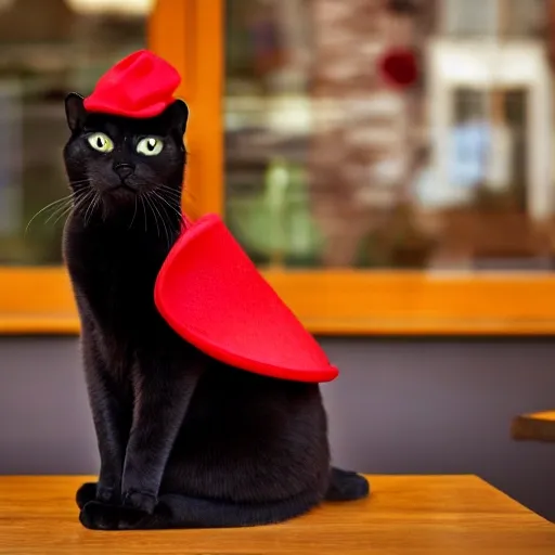 mid shot of a lazy black cat with a red hat sitting on the table in front of a coffee shop, highest resolution possible, high resolution