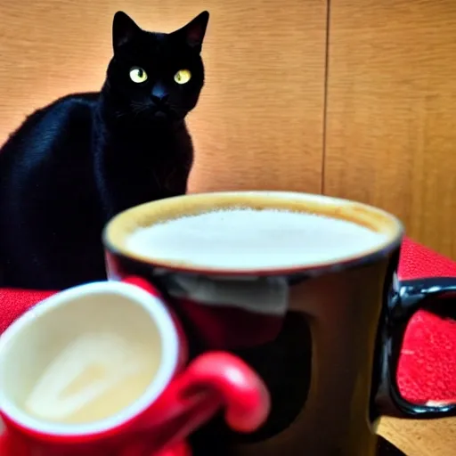 mid shot of a lazy black cat with a red hat sitting on the table in front of a coffee shop, highest resolution possible, high resolution