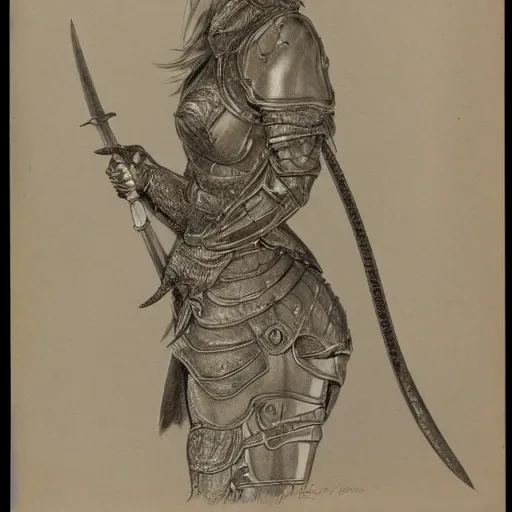 American shot, woman, twenty years, silver hair, in profile, wearing highly detailed dragon armor, with a silver-bladed cutlass on her belt, Pencil Sketch