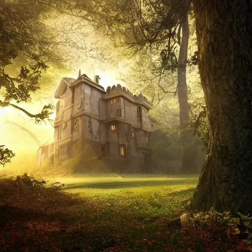 Extreme long shot, old fantasy big mansion in the dense forest, dark oak, morning sun, dungeons and dragons
