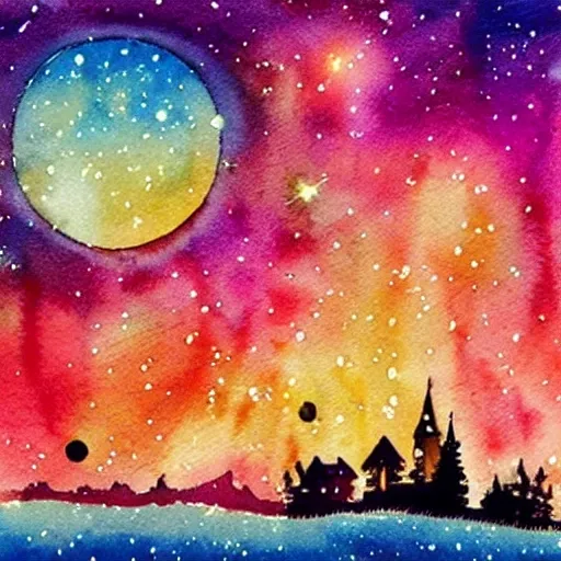 Beautiful happy picturesque charming universe watercolour. Beautiful light. stars and planets. Nice colour scheme, bright colour. Beautiful detailed artistic watercolor