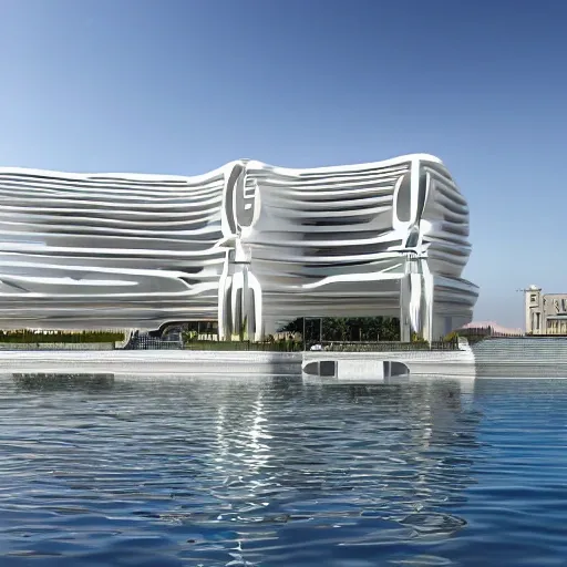 edificio de congreso con estilo contemporaneo , forma organica, ubicado en el puerto de alicante, españa, detallado, 4k, voladizos, estilo zahad hadid, visuales hacia  el, especies marinas , 3D