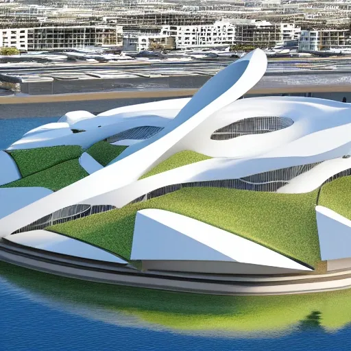 
congress building with contemporary style, organic shape, located in the port of alicante, spain, detailed, 4k, overhangs, zahad hadid style, visuals towards him, marine species, 3D, 