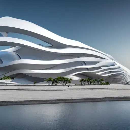 
congress building with contemporary style, organic shape, located in the port of alicante, spain, detailed, 4k, overhangs, zahad hadid style, visuals towards him, marine species, 3D, 