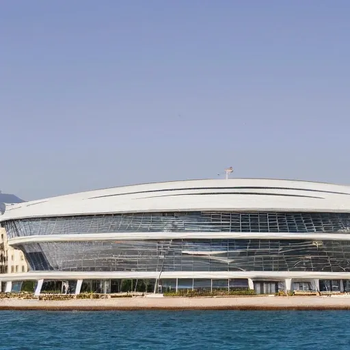 Congress building with contemporary style, organic shape, located in the port of Alicante, Spain, detailed, 4k, overhangs, visuals towards it, marine species, high definition, mast-shaped roof