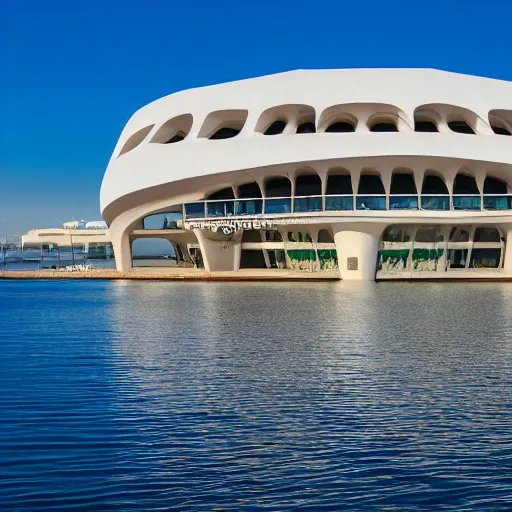 Congress building with contemporary style, organic shape, located in the port of Alicante, Spain, detailed, 4k, overhangs, visuals towards it, marine species, high definition, mast-shaped roof