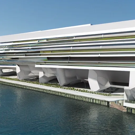 Congress building with contemporary style, organic shape, located in the port of Alicante, Spain, detailed, 4k, overhangs, visuals towards it, marine species, high definition, mast-shaped roof