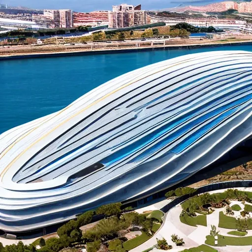 Congress building with contemporary style, organic shape, located in the port of Alicante, Spain, detailed, 4k, overhangs, visuals towards it, marine species, high definition, mast-shaped roof