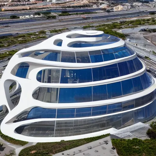 Congress building with contemporary style, organic shape, located in the port of Alicante, Spain, detailed, 4k, overhangs, visuals towards it, marine species, high definition, mast-shaped roof