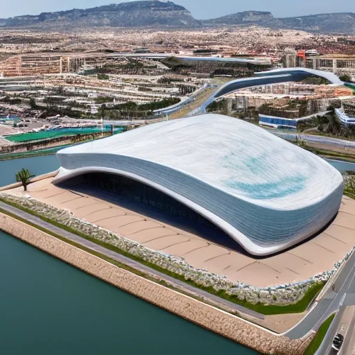 Congress building with contemporary style, organic shape, located in the port of Alicante, Spain, detailed, 4k, overhangs, visuals towards it, marine species, high definition, mast-shaped roof