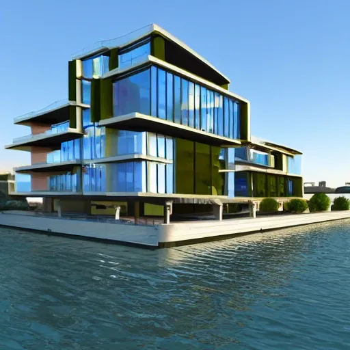 building located in a port, glass carpentry, high definition, 4k, contemporary style, with use of vegetation, BIG style, 3D