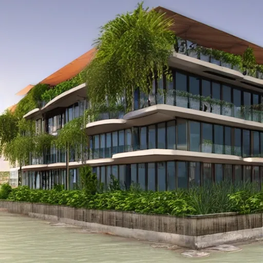 building located in a port, glass carpentry, high definition, 4k, contemporary style, with use of vegetation, BIG style, 3D