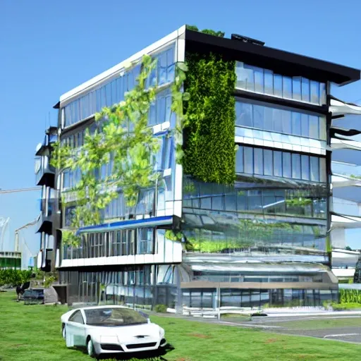 building located in a port, glass carpentry, high definition, 4k, contemporary style, with use of vegetation, BIG style, 3D