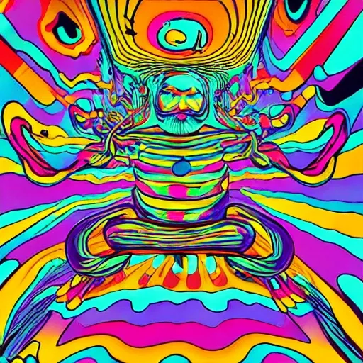 , Trippy, Cartoon, 3D, ilustration for a music album of psychodelic rock of 60s with details of that years