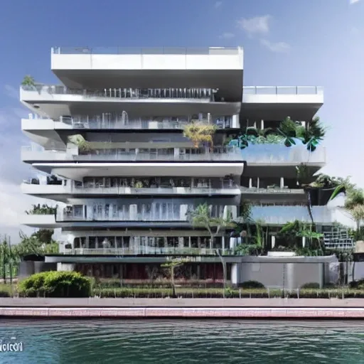 building located in a port, glass carpentry, high definition, 4k, contemporary style, with use of vegetation, BIG style, 3D