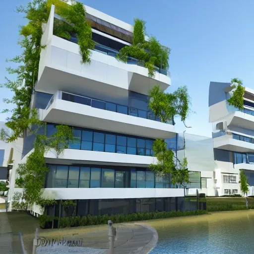 building located in a port, glass carpentry, high definition, 4k, contemporary style, with use of vegetation, BIG style, 3D