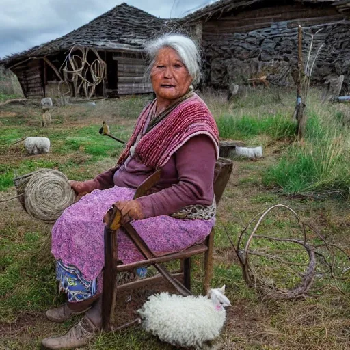 Craftswoman, woman in her 60s, long white braided hair, spinning sheep's wool in a rustic landscape.