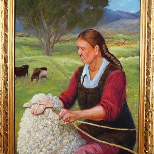 Craftswoman, woman in her 60s, long white braided hair, spinning sheep's wool in a rustic landscape., Oil Painting