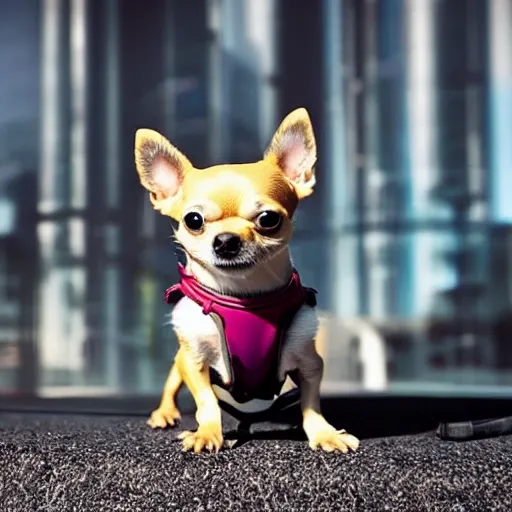 techno chihuahua wearing jet pack flying through futuristic utop ...